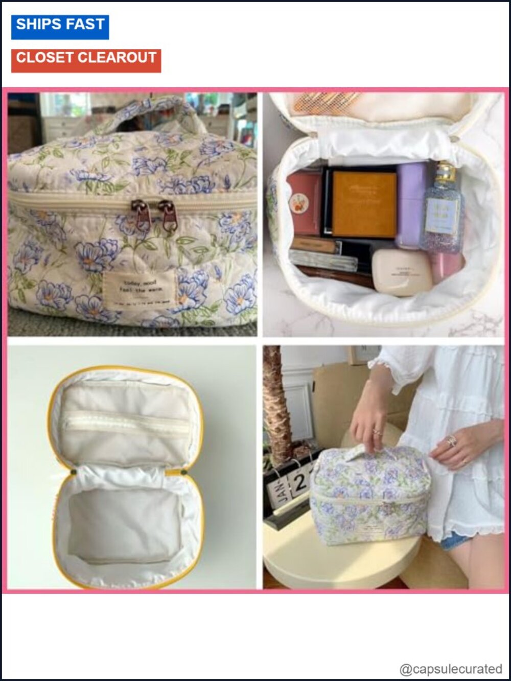 Large Quilted Travel Cosmetic Bag with Floral Cotton Design, Zippered Toiletry - Picture 2 of 6